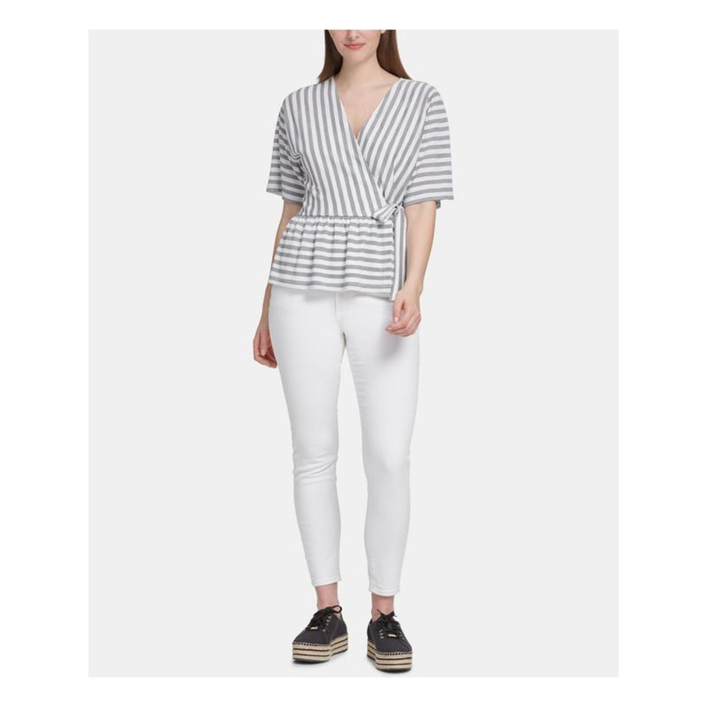 DKNY Womens Gray Striped V Neck Faux Wrap Top L